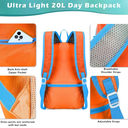 BiYiYun 20L Small Hiking Backpack for Men Women, Lightweight Foldable Daypack Water-resistant Travel Camping Packable Backpack (Orange)