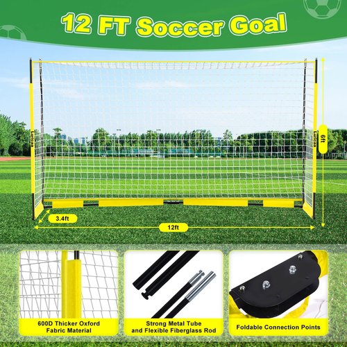 Collapsible Soccer Goal, 12×6 ft Portable Soccer Goal Net for Backyard, Quick Setup Soccer Goals with 1 Carry Bag, 1 Agility Ladder, 4 Ground Nails,12 Training Cones (Yellow)