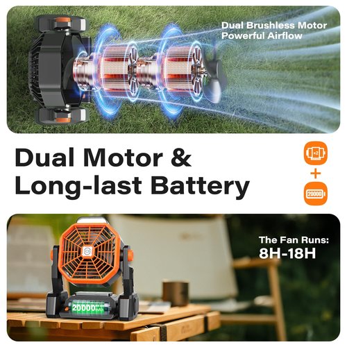 Portable Camping Fan Rechargeable with Inductive Charging Function, 20000mAh Battery Operated Fan with Lights, Outdoor Battery Powered Fan with Remote, 3 Timer for Picnic, Fishing, Travel, Home