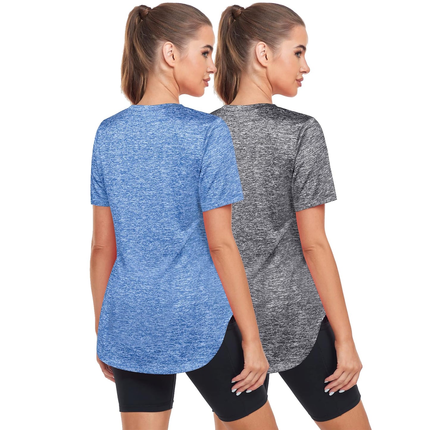 Alovien Short Sleeve Workout Shirts Women Loose Fit, V-Neck Women Exercise T-Shirt Workout Top, Dry Fit Yoga Gym Sport Tops, Grey & Blue,L