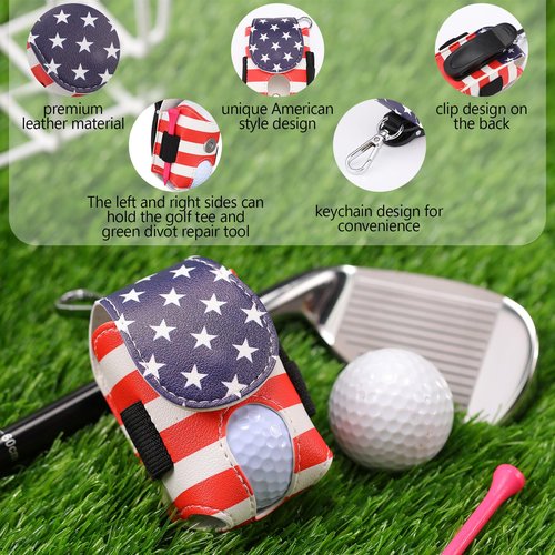 Abbylike Leather Golf Bag Tee Holder American Flag Golf Pouch with Keychain Clip Mini Ball Pouch Bag Gift for Dad Independence Day Style Stuff