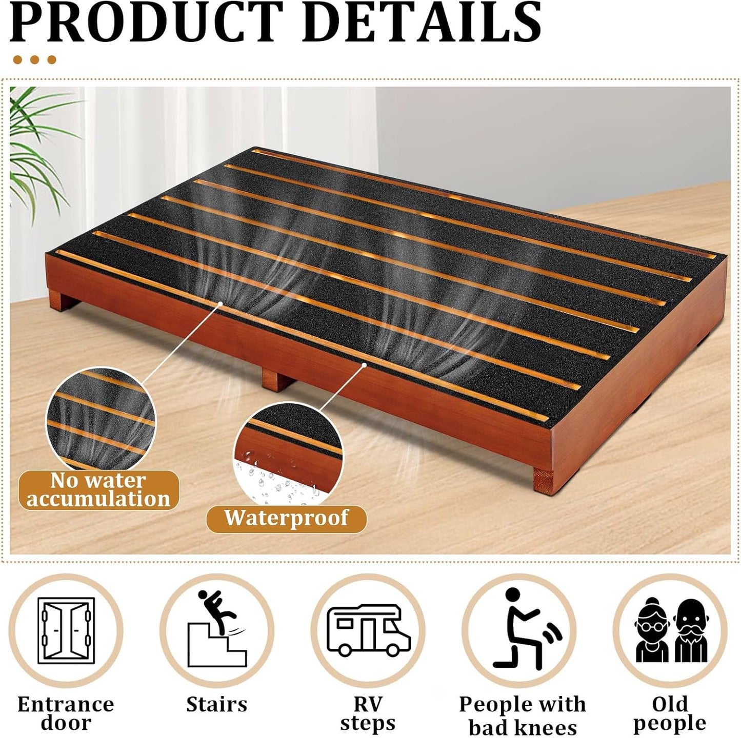 16 x 25 x 3.5 in One Step Stool for Elderly with Non-Slip Rubber Tape, Heavy Duty Wooden Platform Mobility for Seniors Adults,300 Lbs Portable Bedside Outdoor Steps for Handicap,Porch Garden Rv