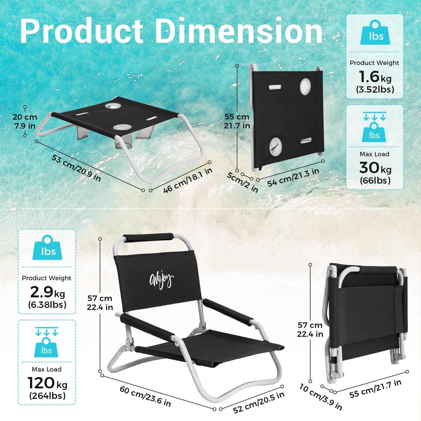 #WEJOY 2 Pack Beach Chairs and Table Set Folding Low Beach Chairs for Adults Lightweight Beach Chair with Carry Bag for Outdoor Beach Lawn Camping Picnic Blue Beach Chair & Table Set
