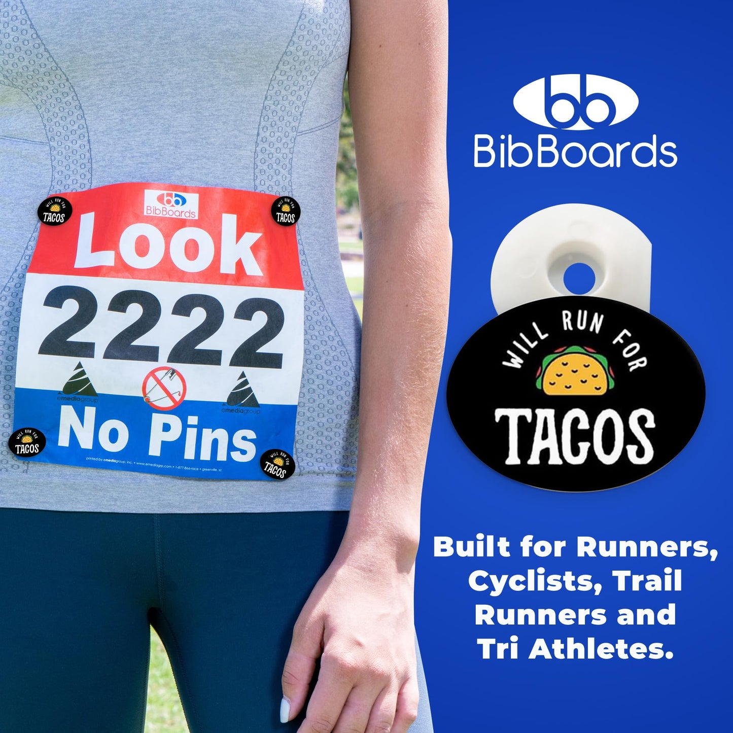 BibBoards bibSNAPS Race Bib Clips, Will Run for Tacos, 4 Pack