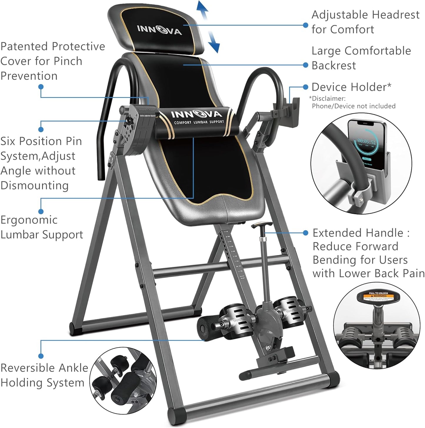 Innova Inversion Table with Adjustable Headrest, Reversible Ankle Holders, and 300 lb Weight Capacity
