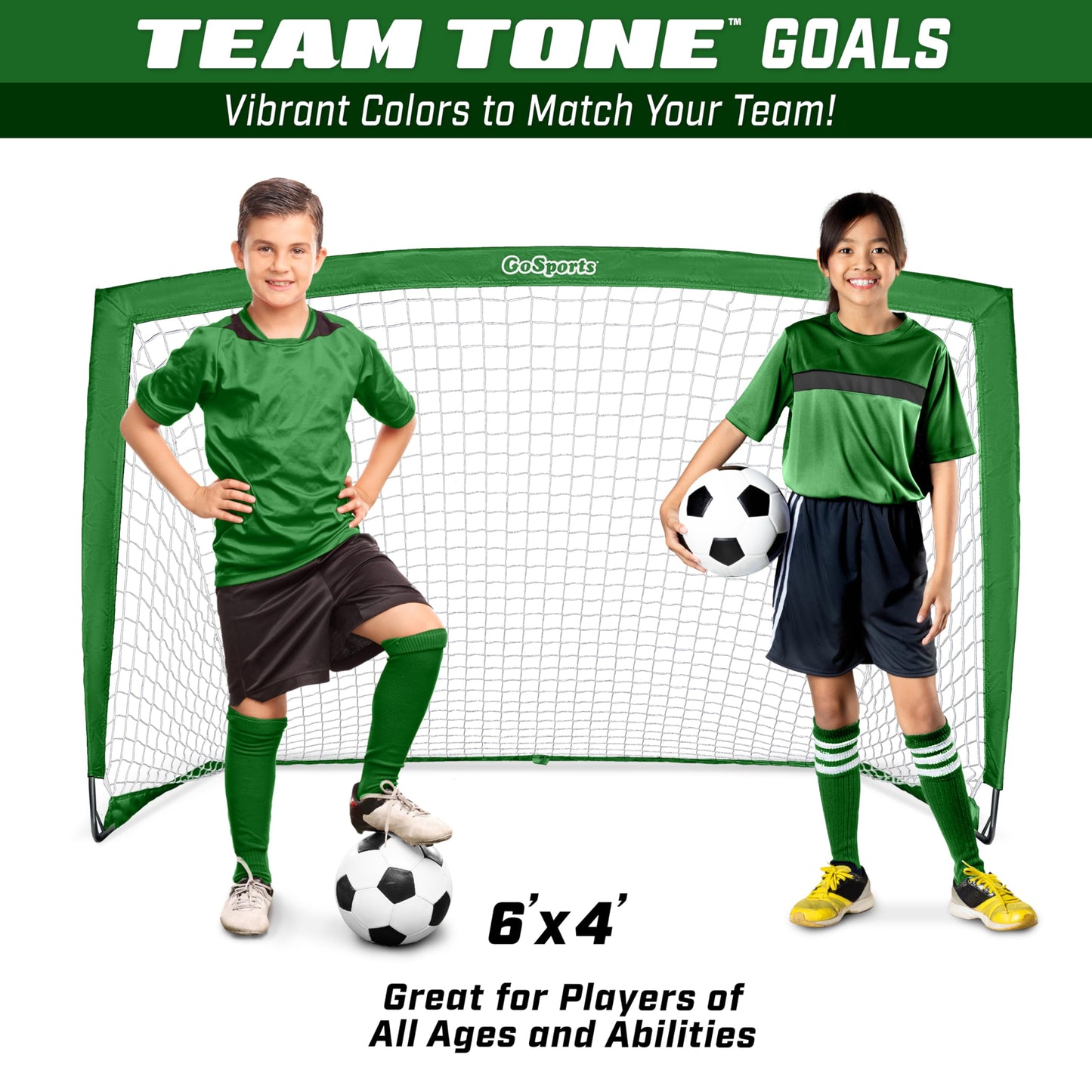 GoSports Team Tone 6 ft x 4 ft Portable Soccer Goal for Kids - Pop Up Net for Backyard - Dark Green