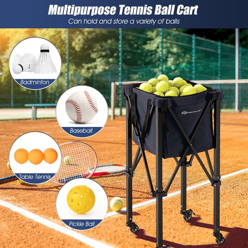 Goplus Foldable Tennis Ball Hoppers, Lightweight Aluminum Tennis Ball Basket with Wheels, Removable Bag, Side Pockets, Carry Bag, Portable Sports Teaching Cart Holds 150 Tennis Balls (Blue) …