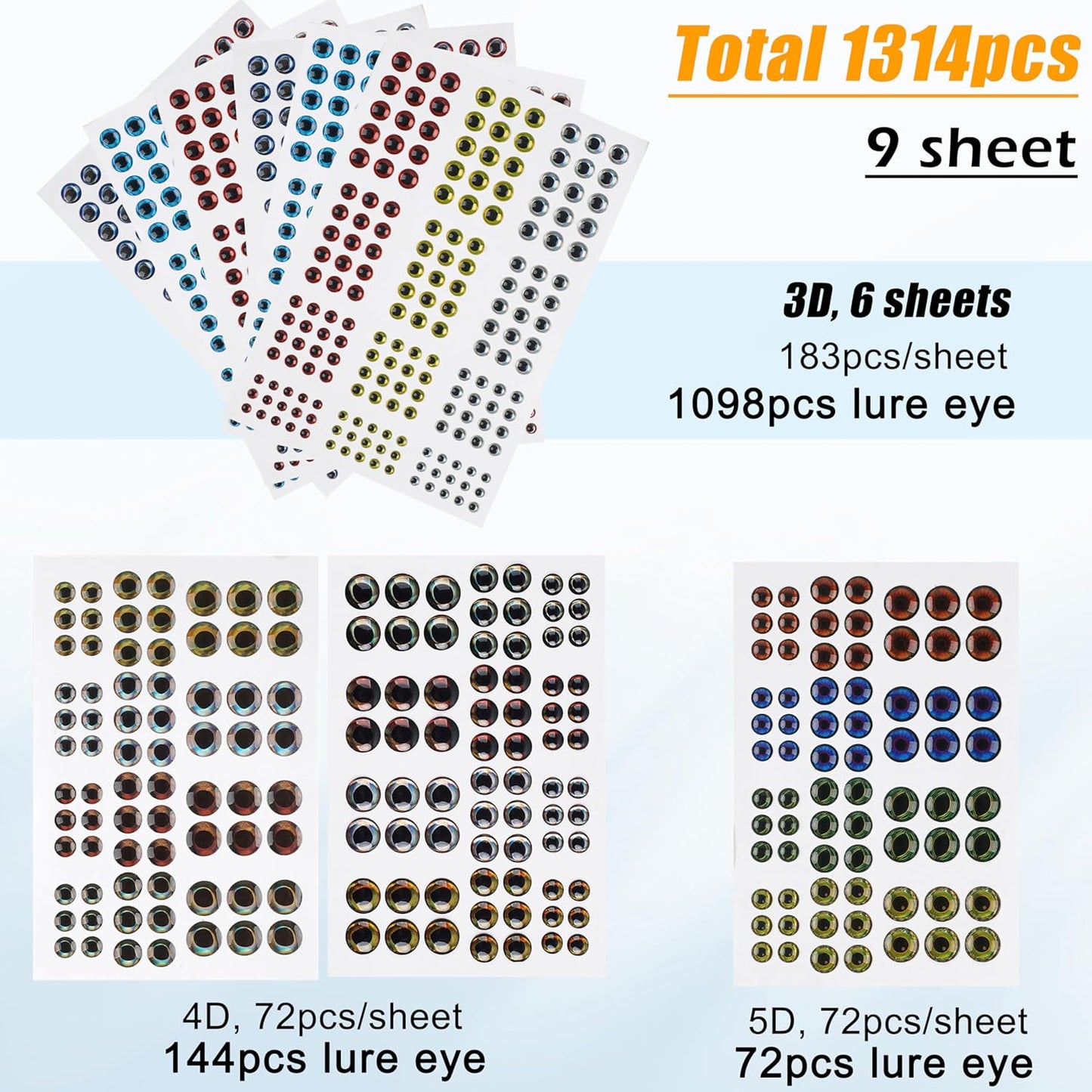 1314 Pieces Fishing Lure Eyes 3D 4D 5D Realistic Eyes Stickers for Making Fishing Bait DIY Fly Tying Streamers Lures Crafts 3/4/5/6/8/10mm