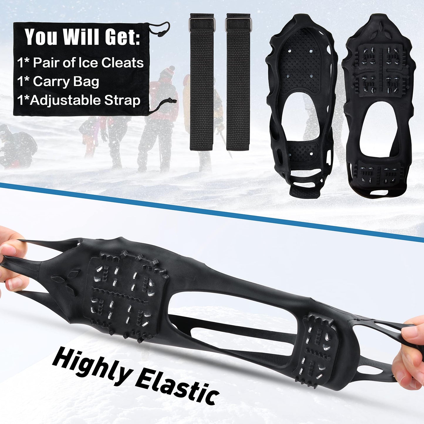 Ice Cleats Snow Traction Cleats Crampons for Walking on Snow and Ice Non-Slip Overshoe with Removable Straps Rubber Anti Slip Crampons Slip-on Stretch Footwear