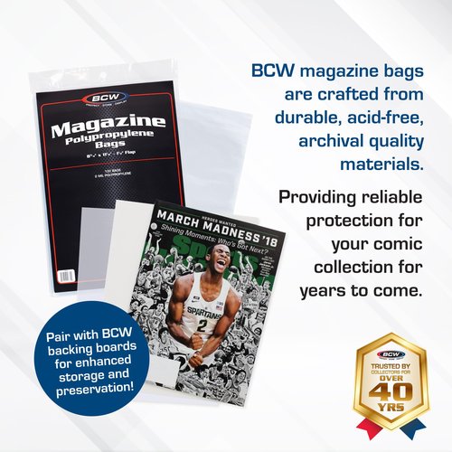 BCW Magazine Bags - 1 Pack of 100 | Acid-Free, Crystal Clear Polypropylene Sleeves for Archival-Quality Storage of Collectible Magazines | Protect and Showcase Your Valuable Comic Book Collection