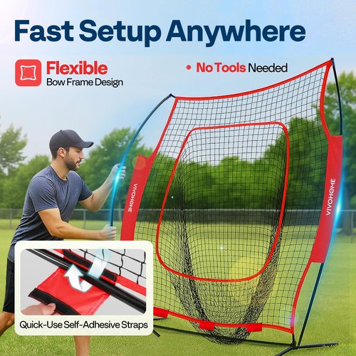 VIVOHOME Baseball Softball Batting Net - 7x7 Ft Baseball Backstop, Softball Practice Net for Hitting, Pitching, Throwing with Batting Tee and Carry Bag, Red