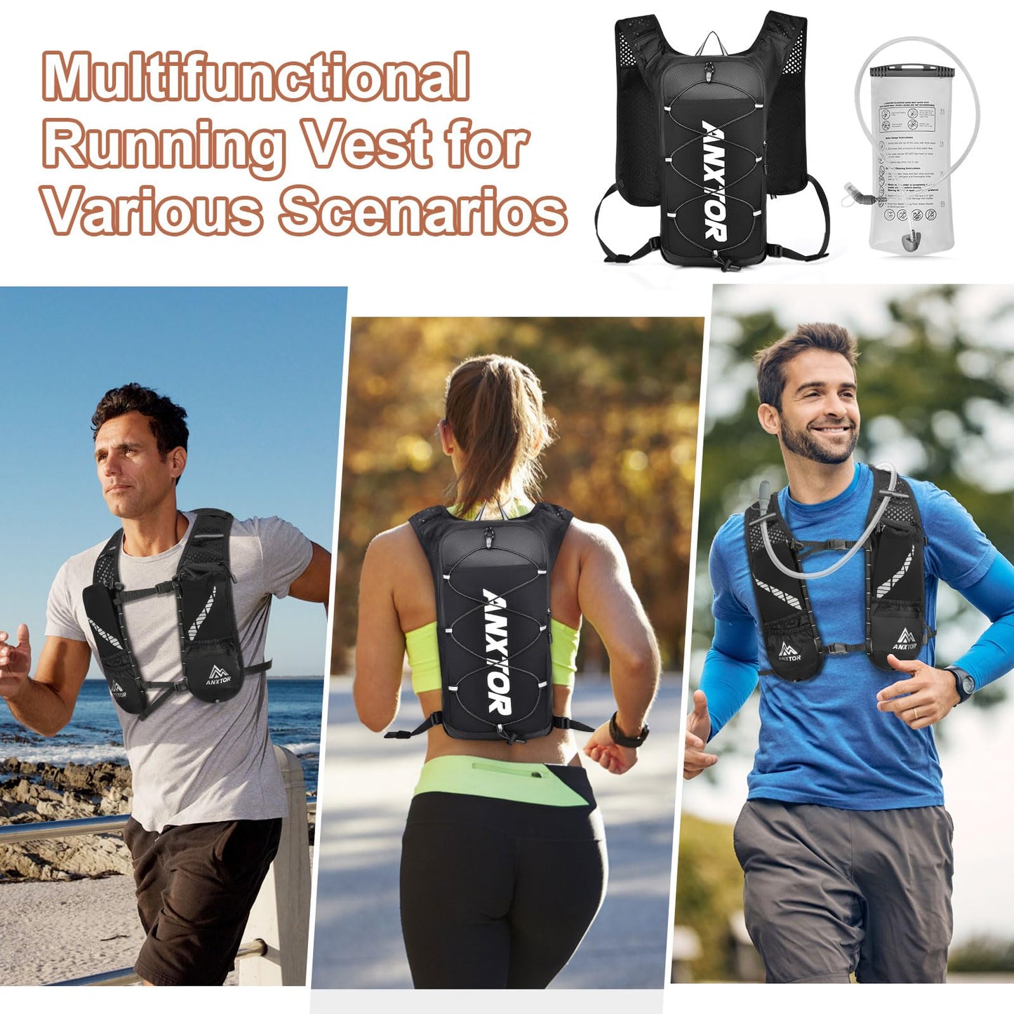 Hydration Backpack with 2L Water Bladder, Adjustable Chest Straps Running Hydration Vest Lightweight Daypack Reflective Pack for Women Men Hiking Trail Running Climbing Biking Cycling Marathon, Black