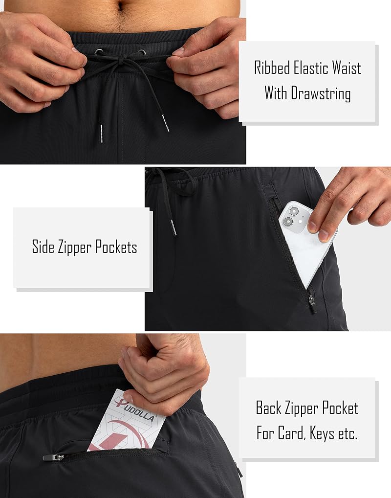 Pudolla Men’s Lightweight Jogger Pants - Black, Medium, Zipper Pockets