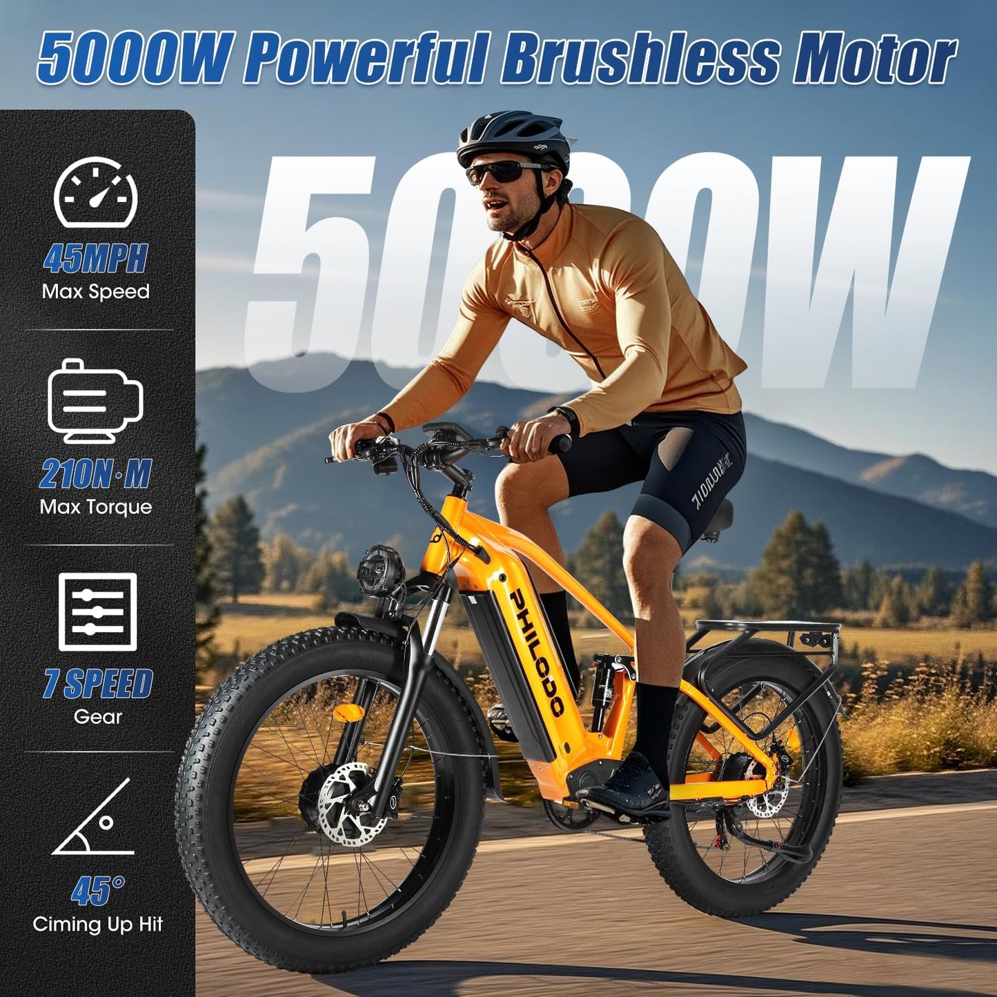 PHILODO Falcon 60V 32AH Off-Road Electric Bike 45MPH - 5000W Peak Dual Motor Hunting Ebike, Fat Tire Full Suspension Dirt Bike for Adults, Long Range Snow/Sand Electric Bicycle