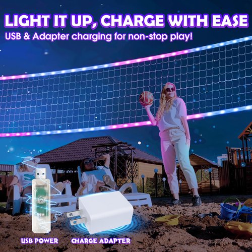 OHYEMO LED Volleyball Net Set, 32x3FT Light Up Volleyball Net Set with Adjustable Height Poles, Carry Bag & Remote, Glow in The Dark Heavy Duty Badminton Volleyball Net Set for Backyard Outdoor Game