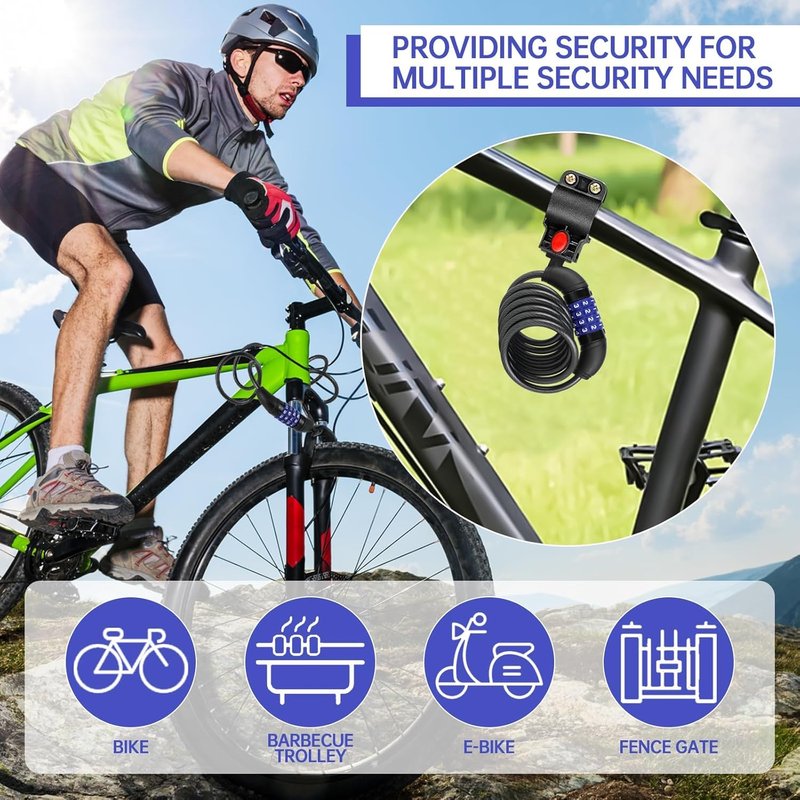 Bike Lock Cable,Anti Theft Cable Lock,4 Digit Security Resettable Combo Bike Lock, for E-Scooter, Electric Bike, Mountain Bike,Bicycle, Motorbikes