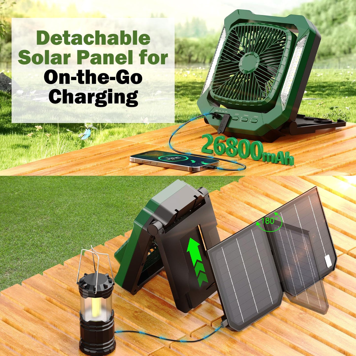 26800mAh Solar Battery Camping Fan, 3 Speeds Portable Fan with 18W Detachable Solar Panel, Rechargeable Desk Fan with LED Light & Timing Function, Outdoor Hurricane Tent Power Bank for Home Office