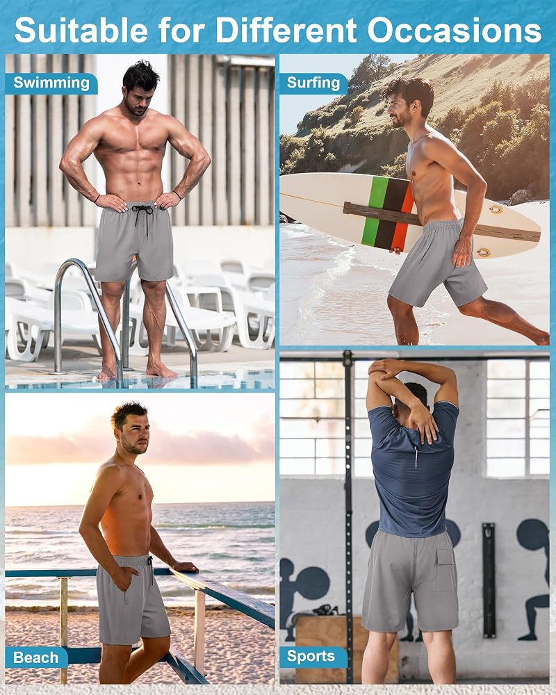 Men's Swim Trunks with Pockets, Quick Dry 7" Inseam Bathing Shorts – Gray
