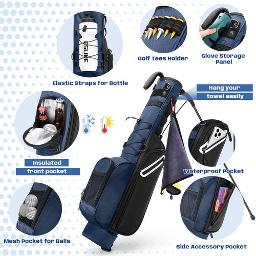 GOBUROS Golf Stand Bag Fit Up to 7 Clubs, Compact Design for Par 3 Courses and Driving Range, Lightweight Pitch and Putt Golf Bag, with Padded Double Strap, Rain Cover, Accessory Pockets, Blue