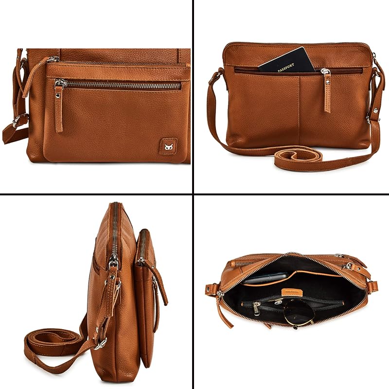 Cognac Leather Crossbody Bag for Women - Small Pebbled Genuine Leather, 5-Compartment Sling Purse with Adjustable Strap