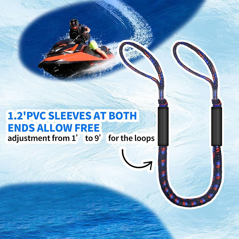 Bungee Dock Lines 4 ft 2-Pack – Heavy-Duty Boat Tie Downs, Black/Blue/Red with 1"–8.5" Adjustable Loops
