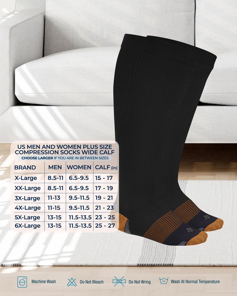 Doctor's Select® Copper Plus Size Compression Socks Wide Calf - 2 Pairs | 20-30mmHg Extra Wide Calf Compression Socks Women Copper for Swelling, Varicose Veins | Black