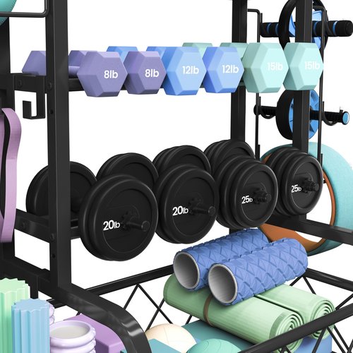 Yaheetech Weight Plate Rack Home Gym Yoga Mat Holder, Metal Dumbbell Rack Stand Fitness Equipment Storage with Hooks & Wheels for Kettlebells/Yoga Ball, Black