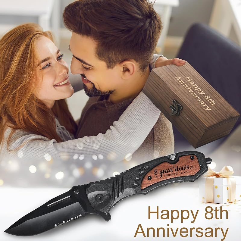 8 Years Anniversary Engraved Folding Knife for Him - 8th Wedding Gift in Olive Wood Box
