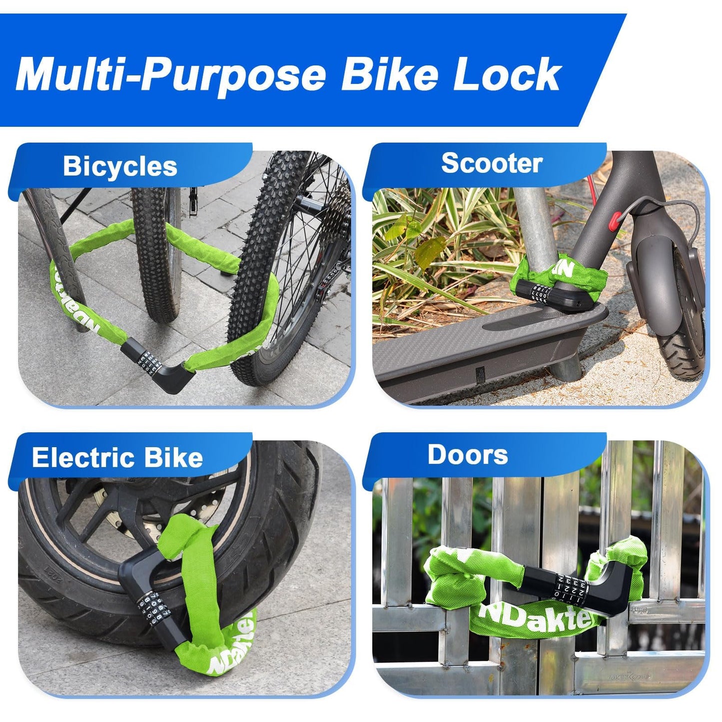 NDakter Upgrade Bike Chain Lock with 4 Digit Combination and 2 Keys, 1.64/2.3/3.2/4.28 Ft Heavy Duty Anti-Theft Bicycle Lock, 2 Ways to Unlock High Security Scooter Locks for Ebike, Escooter, Door