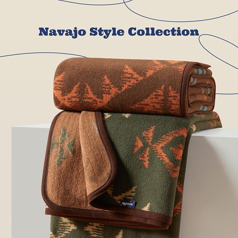 Merino Wool Camping Blanket 79x63 Inches - Navajo Green, ACUSHLA