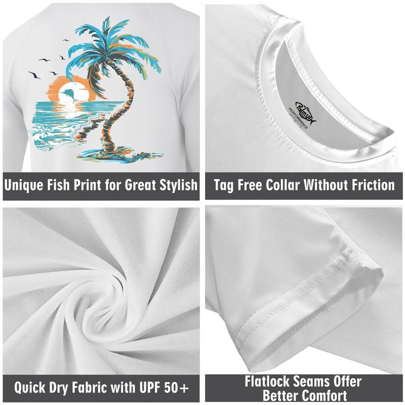 Palmyth Fishing Shirts for Men Long Sleeve UPF 50+ T Shirt Sun Protection Tee (White/Palm Eden, L)