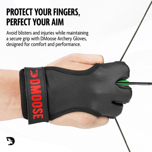 DMoose Archery Glove, Leather Gloves for Recurve & Compound Bow - Non-Slip Padded Tips for Grip Stability, Three Finger Protected Design Archery Finger tab, Archery Accessories for Men, Women & Youth