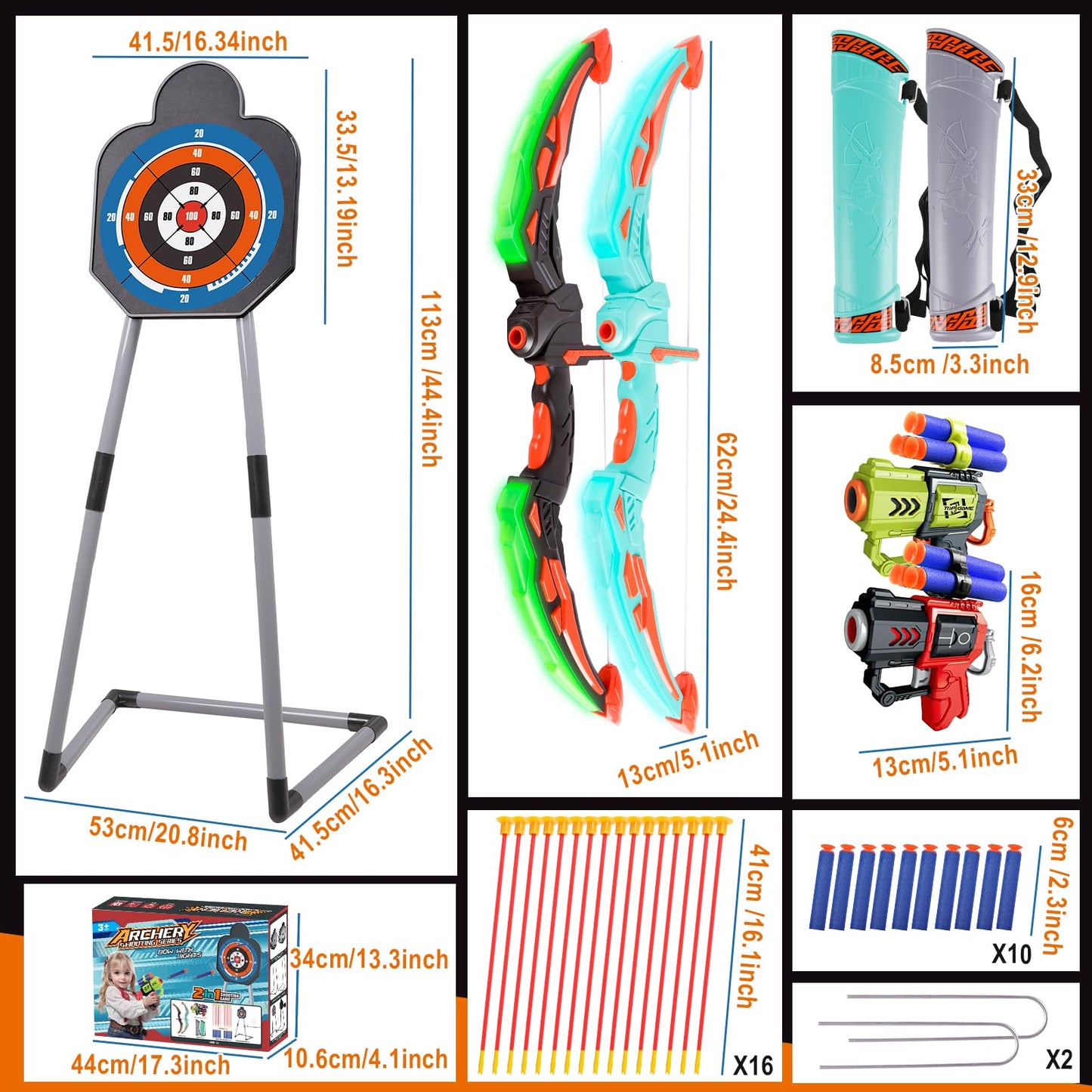TWFRIC 2 Pack Bow and Arrow for Kids - LED Light Up Archery Set with 16 Arrows, 1 Standing Target & 2 Quivers - Fun Indoor/Outdoor Toy for Boys & Girls Aged 3-12