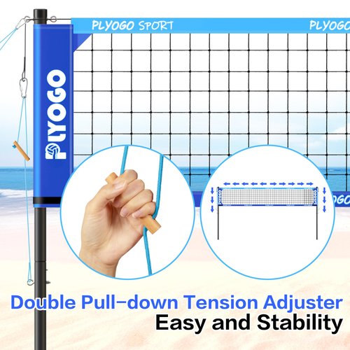 PLYOGO Volleyball Net for Backyard, Professional Portable Outdoor Heavy Duty Volleyball Net Set with Adjustable Aluminum Poles, Anti-Sag Design, Double Tension Adjuster for Beach, Grass |1680D Bag