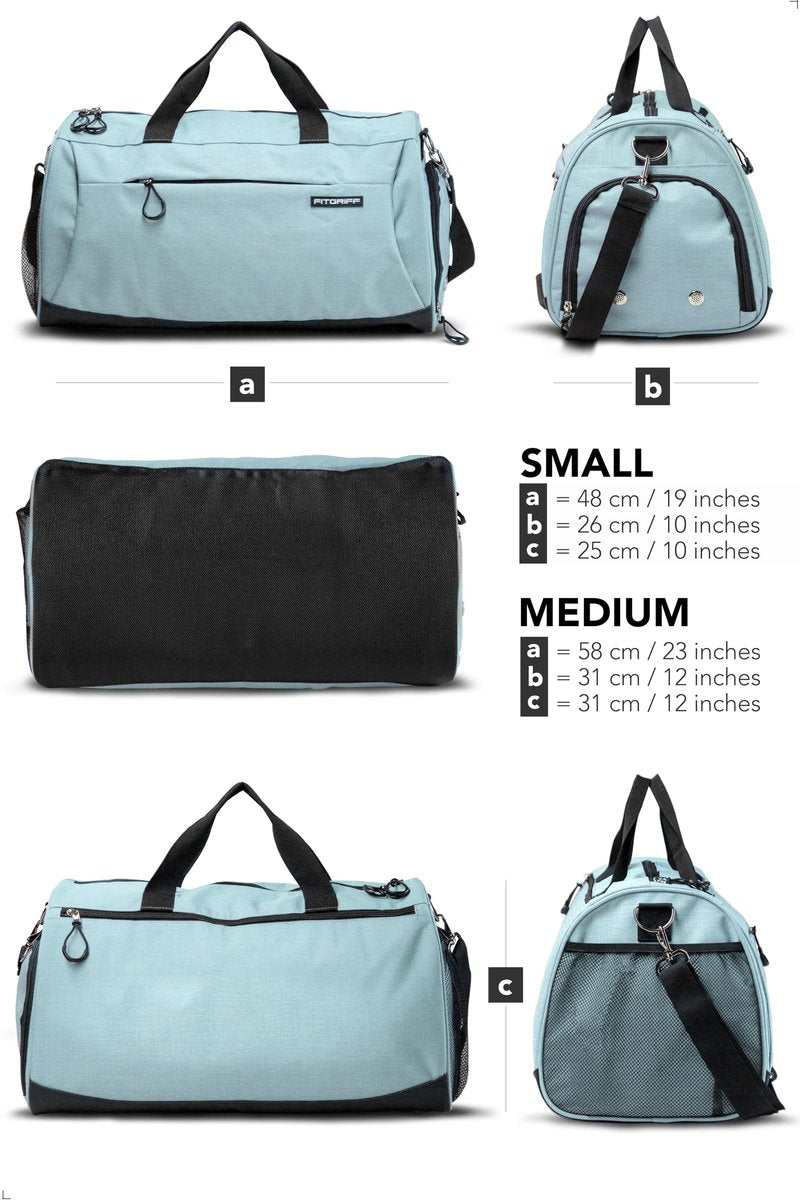 Fitgriff® Gym Bag for Men & Women with Shoe & Wet Compartment - Duffle Bag for Travel, Sports, Fitness & Workout (Cyan, 23 x 12 x 12″ (Medium))