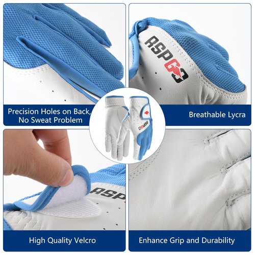 RSPGO Men's and Women's Single Pack Left - Handed Breathable Golf Gloves Crafted from All - Premium Soft Cabretta Leather for Enhanced Grip and Durability,Blue Larger