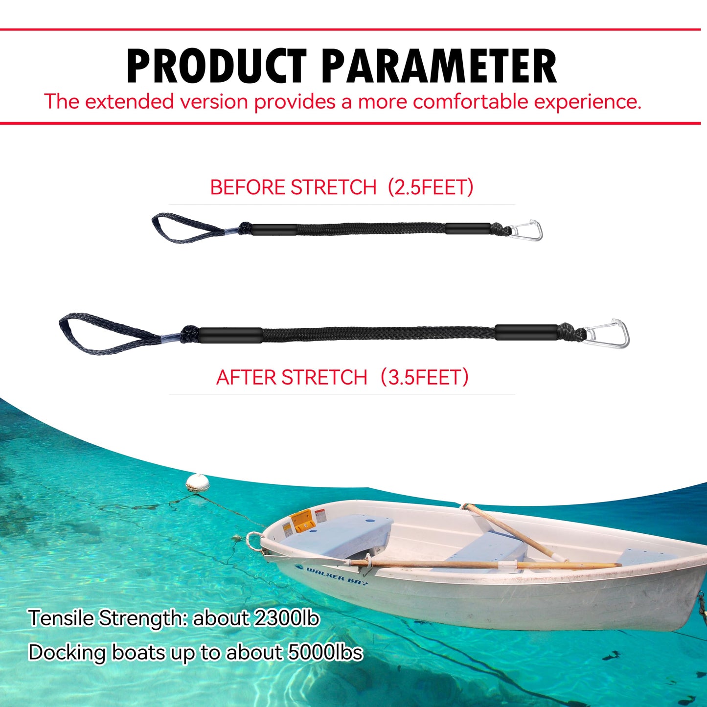 2.5ft Black Bungee Dock Line with Stainless Steel Hook - Heavy-Duty No-Knot Mooring Rope for Jet Ski, Kayak, PWC | Boat Fender Lines to Hang Bumpers (Stretches to 3.5ft), Pack of 2