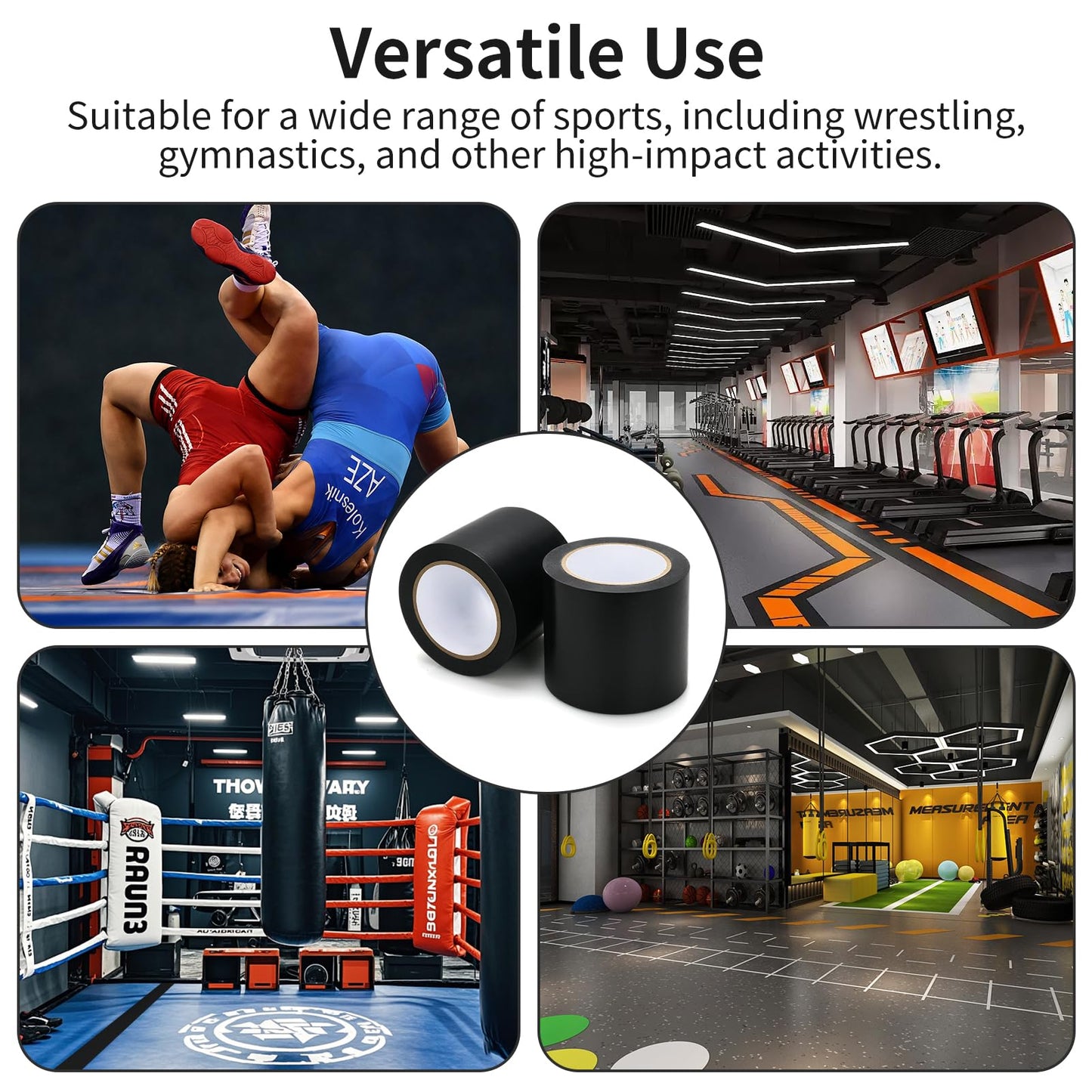 2 Rolls 4" x 108′ Wrestling Mat Tape Heavy Duty Gym Carpet Seam Tape, 7 Mil Strong Adhesive PVC Mat Tape for MMA, BJJ, Grappling, Wrestling and Exercise Mats, Black