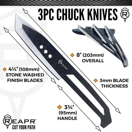 Reapr CHUK 3-Piece Throwing Knife Set – 8" Fixed Blade Knives with 420 Stainless Steel Stonewashed Blades, MOLLE-Compatible Nylon Sheath – Balanced for Target Practice, Camping, and Outdoor Use