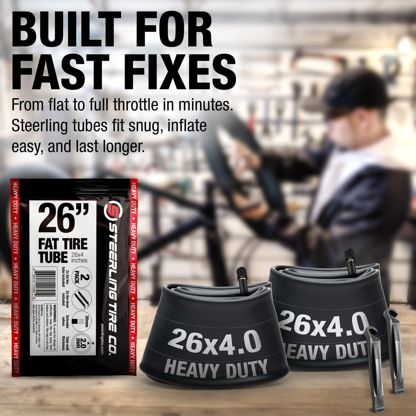 26x4.0 fat bike tube set (2 pack) - Heavy Duty replacement for E-Bikes with 26x4.0 fat bike tires tube wheels. Schrader Valve with 2 Tire Levers Included. Inner Tube for 26 inch Ebike Electric Bicycle