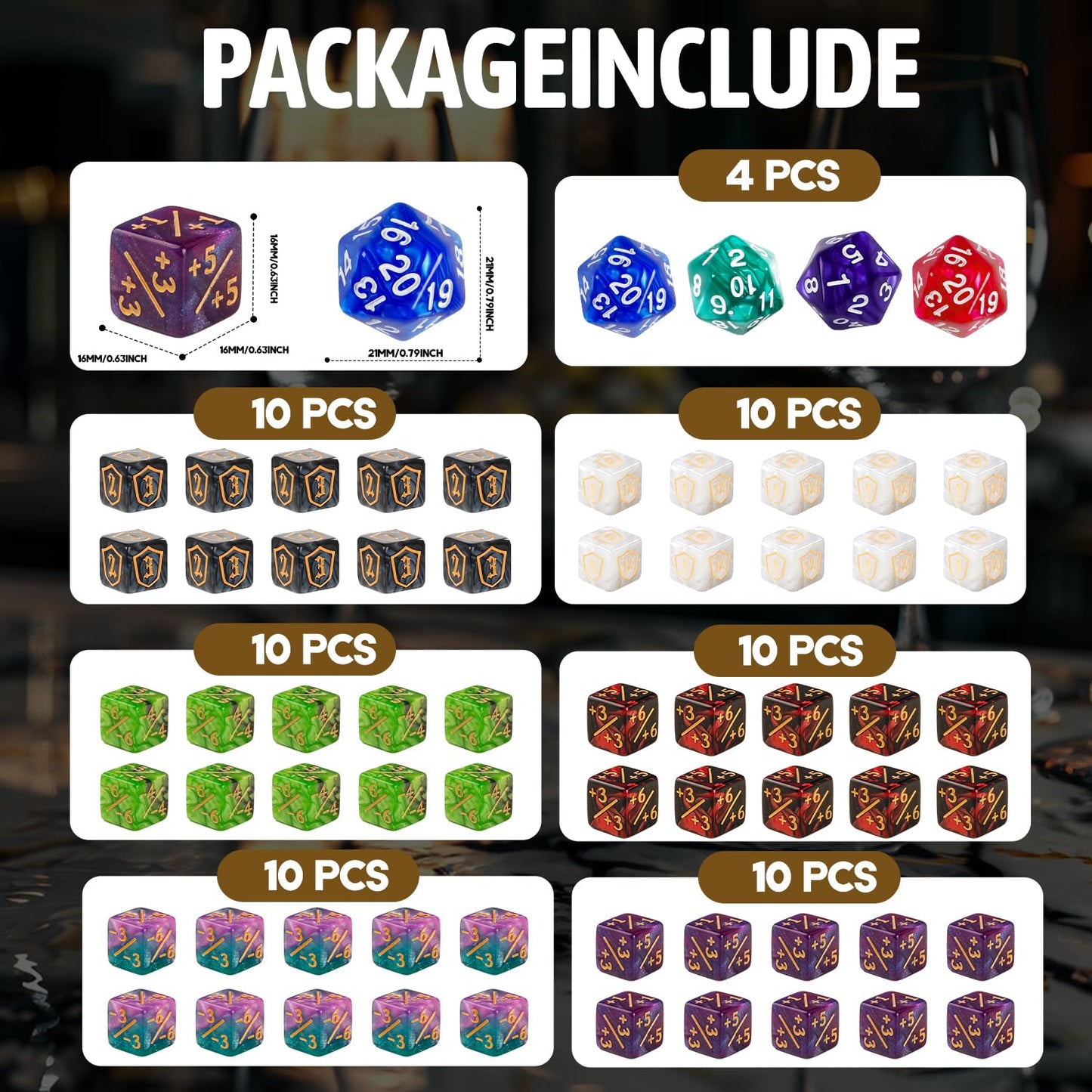 100 Pieces MTG Dice Keyword Counter Set Life Counter Game Tokens for Magic The Gathering Includes 36 Acrylic Keyword Counters +1/-1 Dice, Shield Dice, D20 Spindowns, Velvet Bags & Storage Box