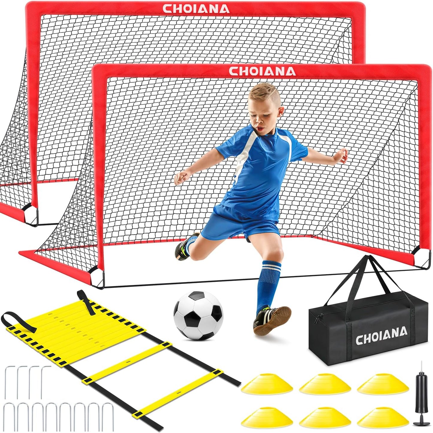 Kids Soccer Goals for Backyard Set of 2, 6x4 ft Portable Soccer Goal Training Equipment, Soccer Net w/Soccer Ball, Agility Ladder & Cones, Soccer Nets for Kids Youth Outdoor Sports Games Play