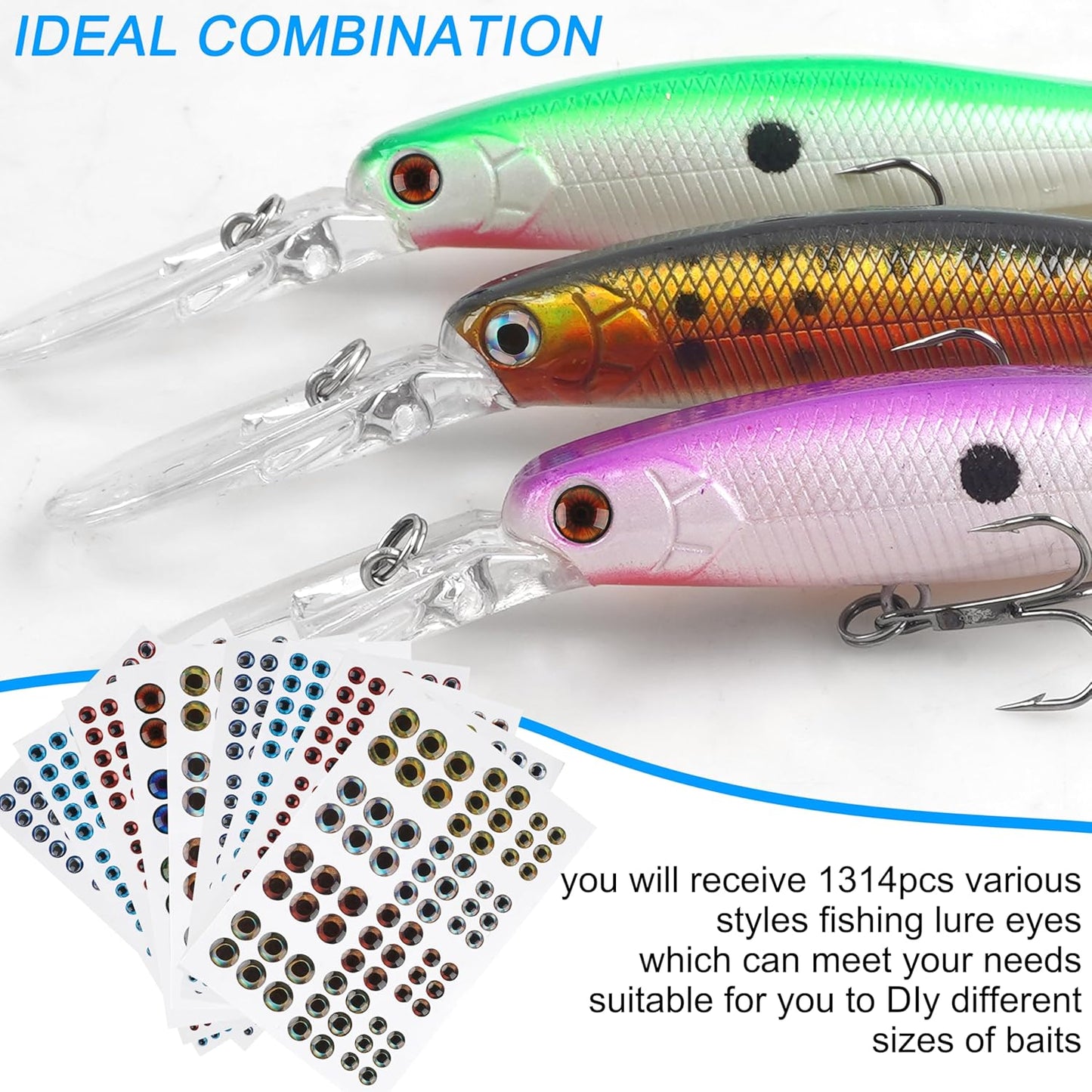 1314 Pieces Fishing Lure Eyes 3D 4D 5D Realistic Eyes Stickers for Making Fishing Bait DIY Fly Tying Streamers Lures Crafts 3/4/5/6/8/10mm