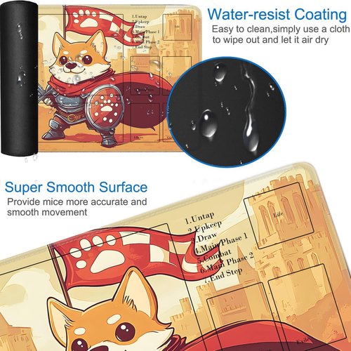 for MTG Playmat with Zones, for TCG Playmat and Board Game Mat with Storage Bag and 6 Dice, 24x14in Non-Slip for MTG Mat, Cute Corgi Warrior Pattern Magic Trading Card Mat Mousepad