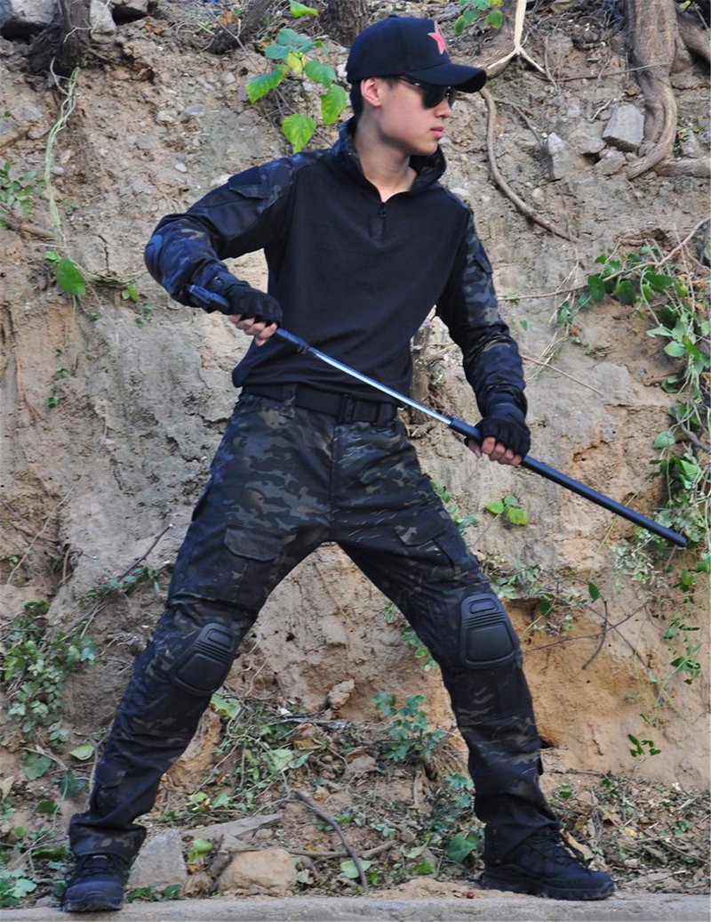 Mens Combat Suits Military Uniforms Army BDU Tactical Sets Shirts and Pants Comfortable Soft Breathable Quick Dry Snug Fitting Work Training Airsoft Paintball Apparel Gear,Black Camo US S,CN L