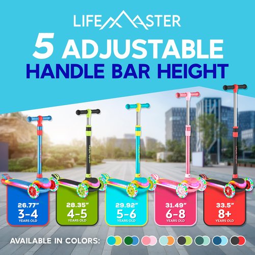 Lifemaster 3-Wheel Kids Scooter with Multi-Color Lights on Deck & Wheels – 5-Height Handlebar, Wide Anti-Slip Deck, Child Safety Certified, Boys & Girls Ages 3+ Supports Up to 150 lbs, Aqua Orange