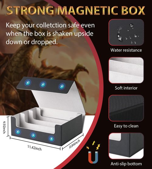 NEWLOOP Trading Card Storage Box - 2400+ Card Deck Case for Magic the Gathering PKM YuGiOh Sports Cards, Leather MTG PTCG Commander Deck with 12 PVC Dividers 4 Supporters, Black and Gray