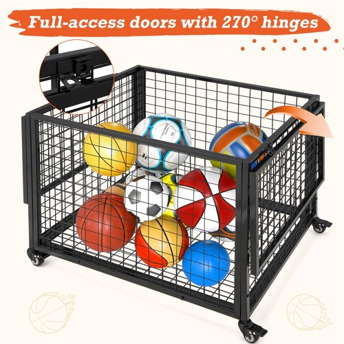 AECOJOY Ball Cart Storage, Large Rolling Basketball Bin with Wheels for Garage, School, Gym, Sports Equipment and Toy Organizer, Indoor & Outdoor