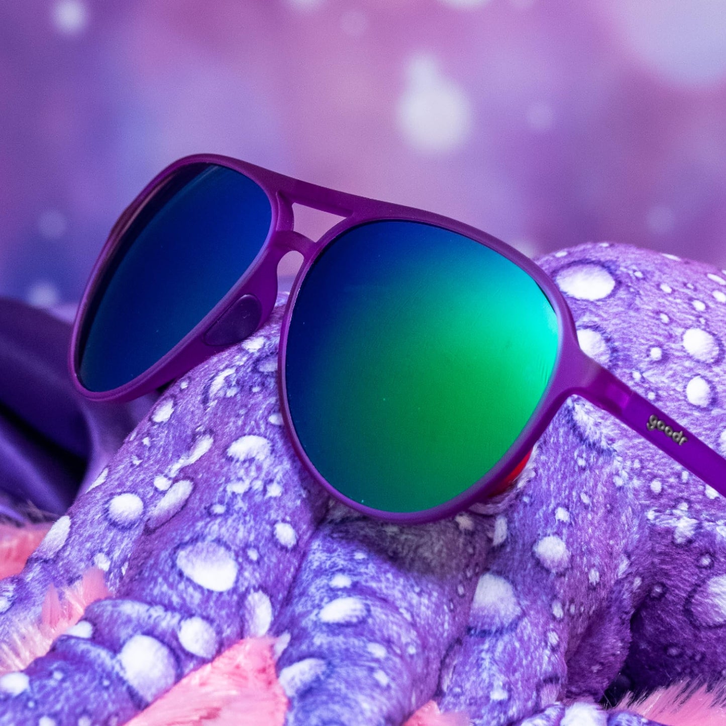 goodr It's Octopuses, Not Octopi Polarized Aviator Sunglasses, Large Sized (Mach G), Puple Frame with Green Mirrored Reflective Lenses, UV400 Protection, No Slip, No Bounce