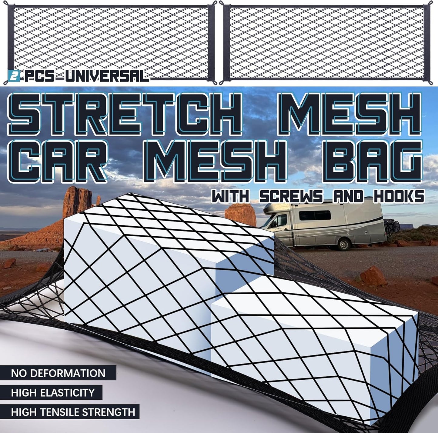 2 Pcs Universal Stretch Mesh Car Mesh Bag with Screws and Hooks for Trunk RV Boats Home Cargo Storage (25.6'' x 9.8'')